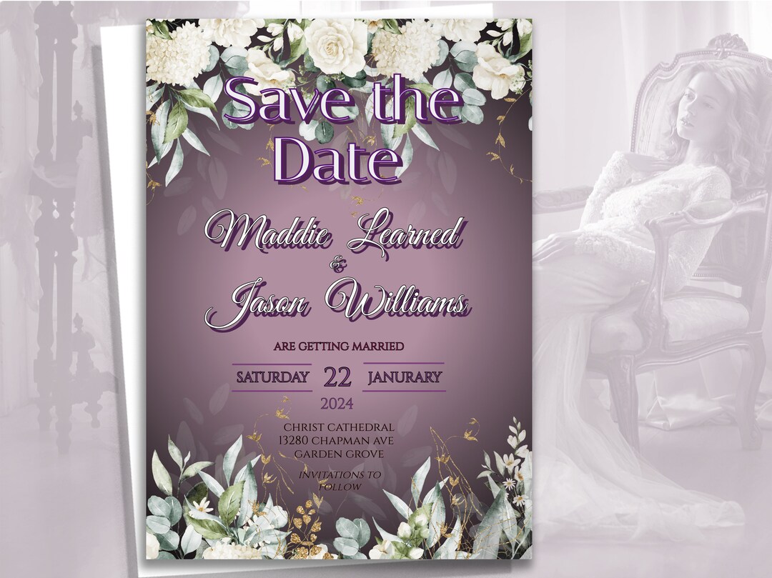 Editable SAVE THE DATE Announcement, Lavender White Rose Floral Wedding ...