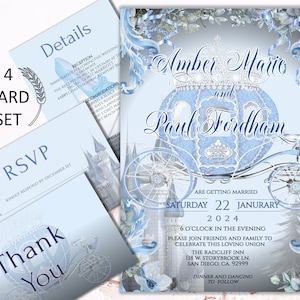 May include: A blue and white wedding invitation featuring a Cinderella carriage and castle design. The invitation reads "Amber Marie and Paul Fordham are getting married Saturday 22 January 2024 6 o'clock in the evening Please join friends and family to celebrate this loving union The Radcliff Inn 118 W. Storybrook Ln. San Diego, CA. 92999 Dinner and Dancing to follow"