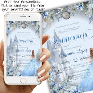 Bearbeitbare QUINCEANERA-GEBURTSTAGSPARTEI-Einladung, Cinderella-Themeneinladung, diy bearbeiten Sie Druck, benutzerdefinierte elegante Schriftart, digitaler Download, 17-q (g)