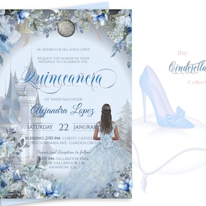 Invitación editable a FIESTA DE CUMPLEAÑOS DE QUINCEANERA, invitación temática de Cenicienta, impresión de edición diy, fuente elegante personalizada, descarga digital, 17-q(e)