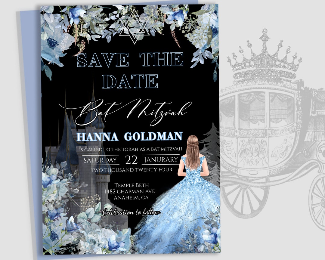 Editable SAVE THE DATE Bat Mitzvah 13th Birthday, Romantic Cinderella ...