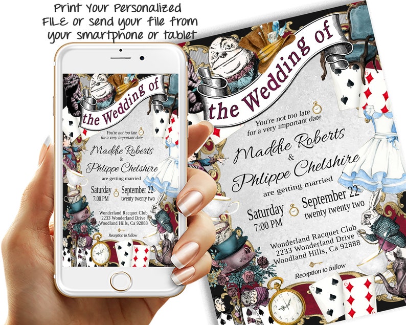 Editable WEDDING INVITATION, Alice in Wonderland Whimsical Themed Invitation, diy edit print, elegant theme font instant download 47W-wi image 2