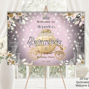May include: A pink and gold Quinceañera welcome sign with a gold carriage, a crown, and the text "Welcome to Alejandra's Quinceañera Birthday Party 1.27.2024".
