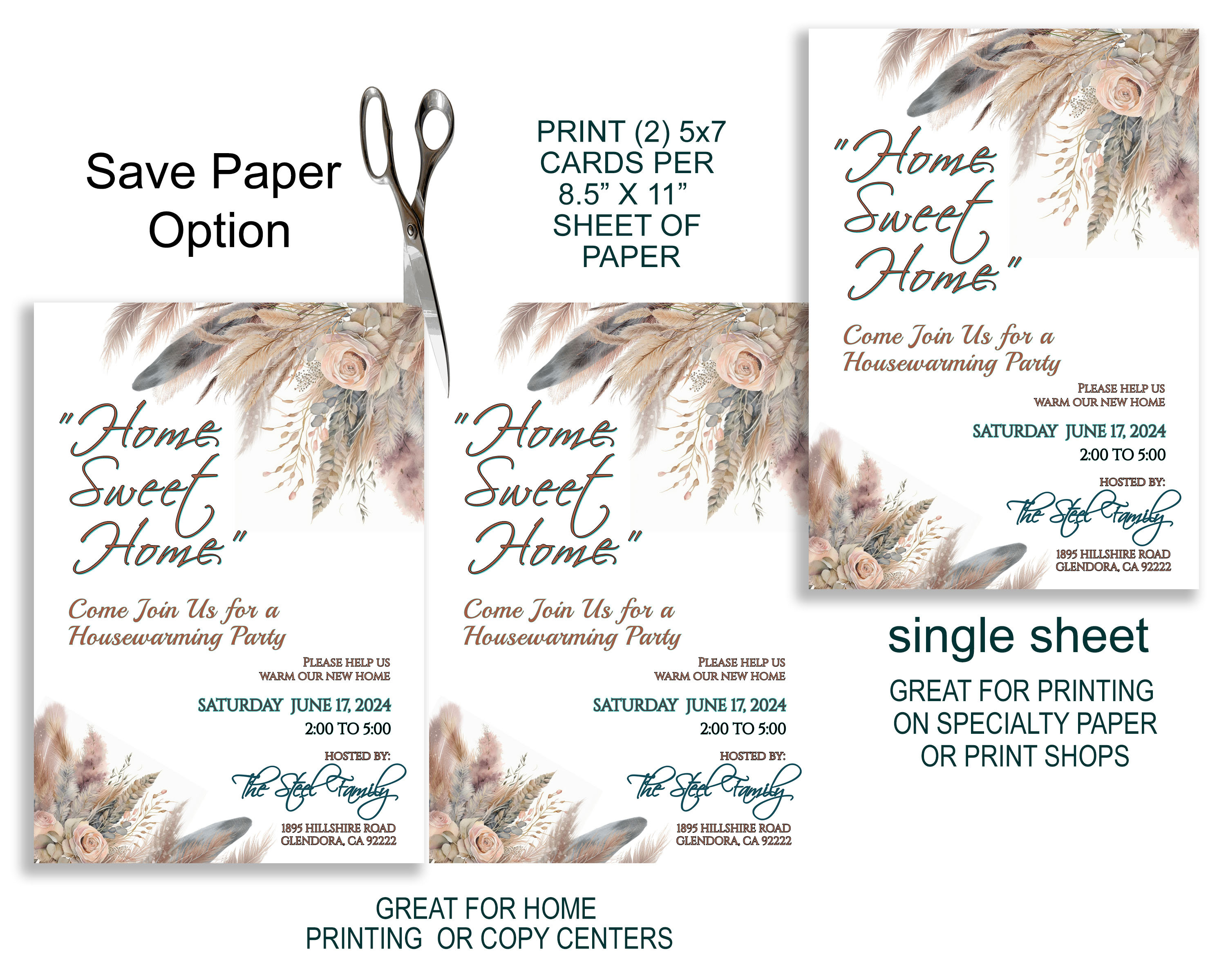 Boho Housewarming Invitation, Pampas Grass, Editable (digital Download ...