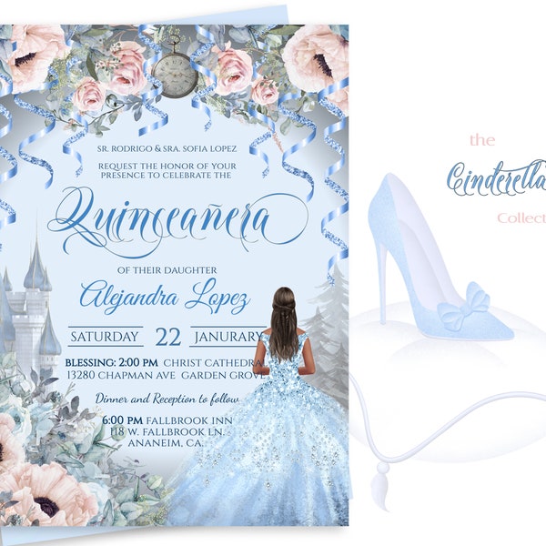 Editable QUINCEANERA BIRTHDAY PARTY Invitation, Cinderella theme invitation, diy edit print, custom elegant font, digital download, 17-q(d)