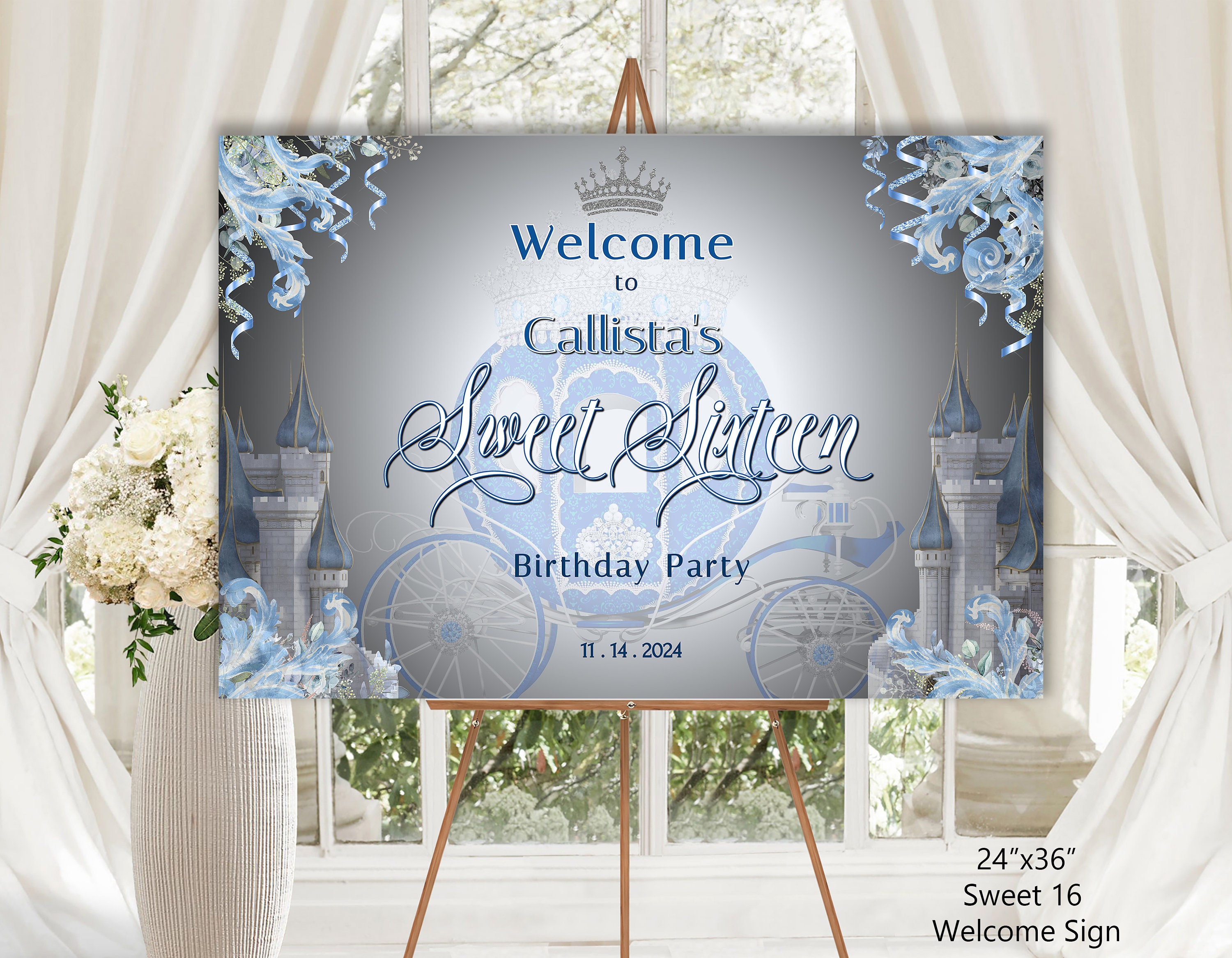 Editable CINDERELLA SWEET SIXTEEN Welcome Sign, 24"x36", Sweet 16 Birthday, dusty blues, diy edit print, digital download 17-s16ws(2)