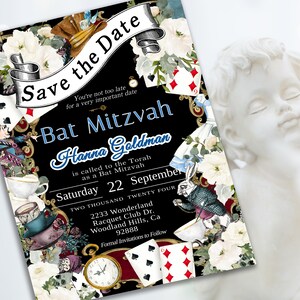 Editable SAVE THE DATE Bat Mitzvah 13th Birthday, Alice in Wonderland theme, Jewish Celebration, edit print, digital download 47-bat(1)std