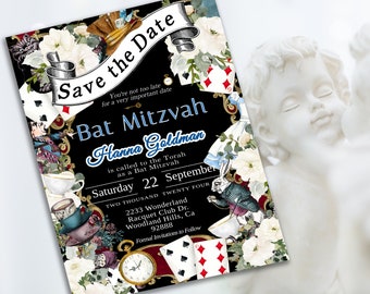 Editable SAVE THE DATE Bat Mitzvah 13th Birthday, Alice in Wonderland theme, Jewish Celebration, edit print, digital download 47-bat(1)std