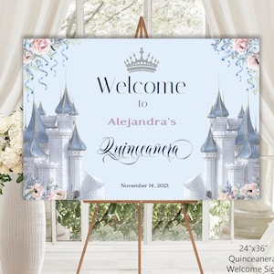 QUINCEANERA WELCOME SIGN, 24&quot;x36&quot;, Cinderella theme Welcome Sign, castles, digital download diy print edit, elegant romantic font, 17-q ws