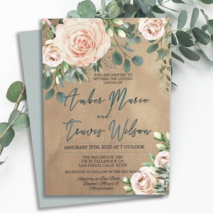 INVITO A MATRIMONIO modificabile, carta kraft rustica, matrimonio floreale pesca rosa cipria, invito a nozze con stampa modifica fai da te, download digitale, 3W(K)-wi