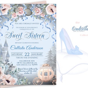 Bearbeitbare CINDERELLA SWEET SIXTEEN Geburtstagseinladung, Sweet 16 romantische staubige Rose und blaue Blumen, diy bearbeiten Druck, digitaler Download, 17-s16