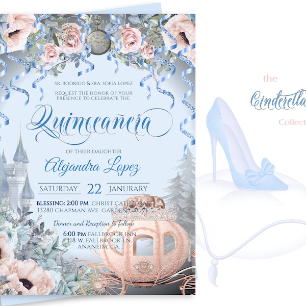 Editable QUINCEANERA BIRTHDAY PARTY Invitation, Cinderella theme invitation, diy edit print, custom elegant font, digital download, 17-q(f)