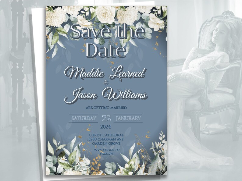 Editable SAVE THE DATE Announcement, Dusty Blue White Rose Floral ...