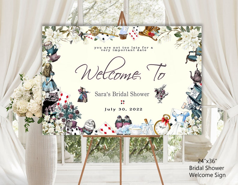 BRIDAL SHOWER Willkommensschild, 60 x 36 cm, Wonderland Theme, magnolia floral, sofortiger download, diy print bearbeiten, romantische benutzerdefinierte Schriftart, 47W-bsws Bild 1