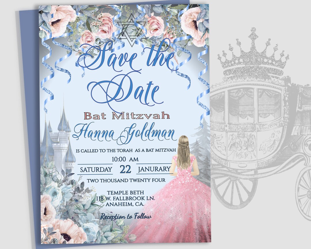 Editable SAVE THE DATE Bat Mitzvah Announcement, Romantic Cinderella ...