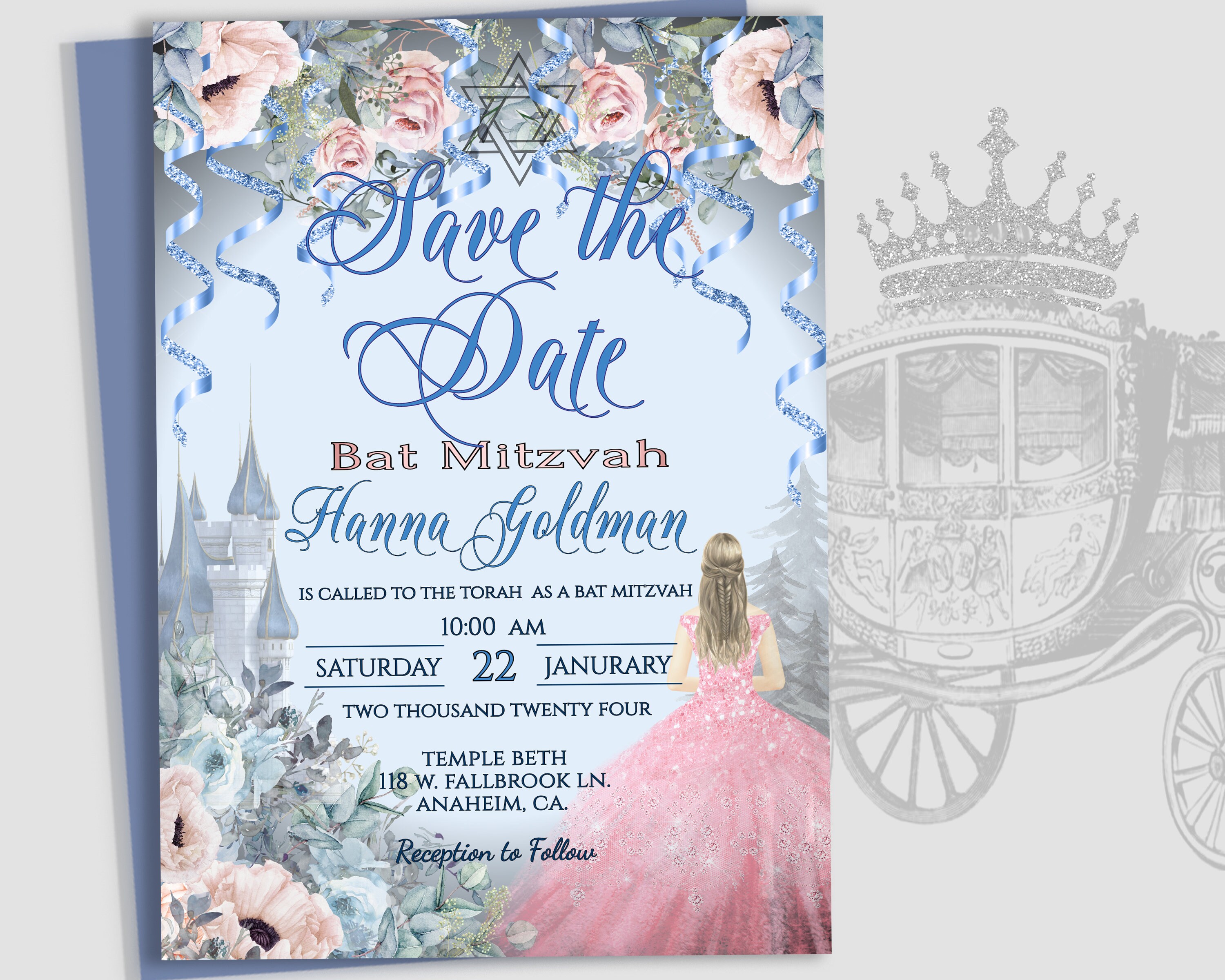 Editable SAVE THE DATE Bat Mitzvah Announcement, Romantic Cinderella ...