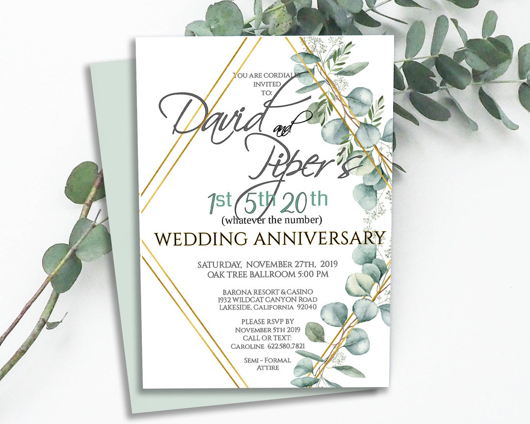Editable WEDDING ANNIVERSARY INVITATION, Eucalyptus Greenery Modern