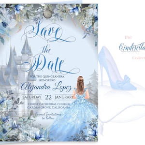 May include: Save the Date invitation with a blue and gold castle, a woman in a blue gown, and a clock. The text reads "Save the Date for the Quinceanera honoring Alejandra Lopez, Saturday 22 January, Christ Cathedral Church, Garden Grove, California. Formal Invitations to Follow."