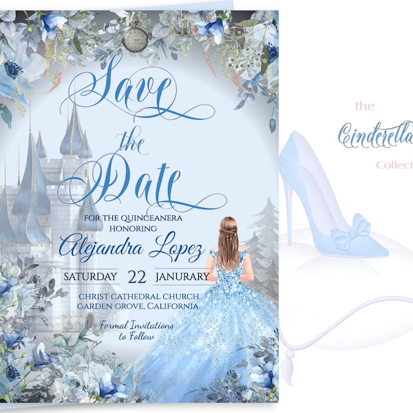 Editable Quinceanera SAVE THE DATE, Romantic Cinderella theme card and evite files, diy edit print, elegant font,digital download 17-q(1)std