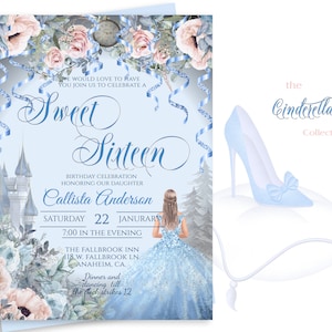 CINDERELLA SWEET SIXTEEN Geburtstagseinladung, Sweet 16, Staubrosa Blumen, romantisch, diy bearbeiten Druck, digitaler Download, 17-s16 (5)