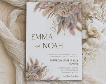 Bearbeitbare BOHO WEDDING INVITATION, Pampasgras, sanfter Erdton floral, rustikale Herbsthochzeit, digitaler Download, diy bearbeiten & drucken, 31W-wi