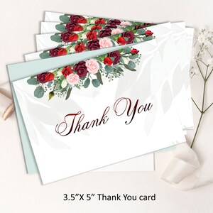GRAZIE Partecipazione di nozze, floreale rosa rosso bordeaux 5x3,5 Grazie, download istantaneo, modello di ringraziamento modificabile stampabile 25-TY