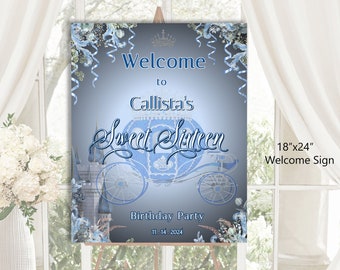 Editable CINDERELLA SWEET SIXTEEN Welcome Sign, 18&quot;x24&quot;, Sweet 16 Birthday, dusty blues, diy edit print, digital download 17-s16ws(4)