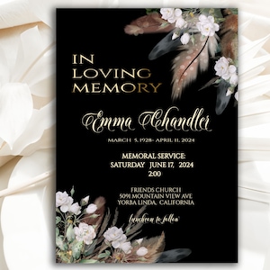 Cartão editável "IN LOVING MEMORY", floral de penas boho, convite para funeral Celebrando a Vida, edição diy e impressão, download digital 31 (d)-life