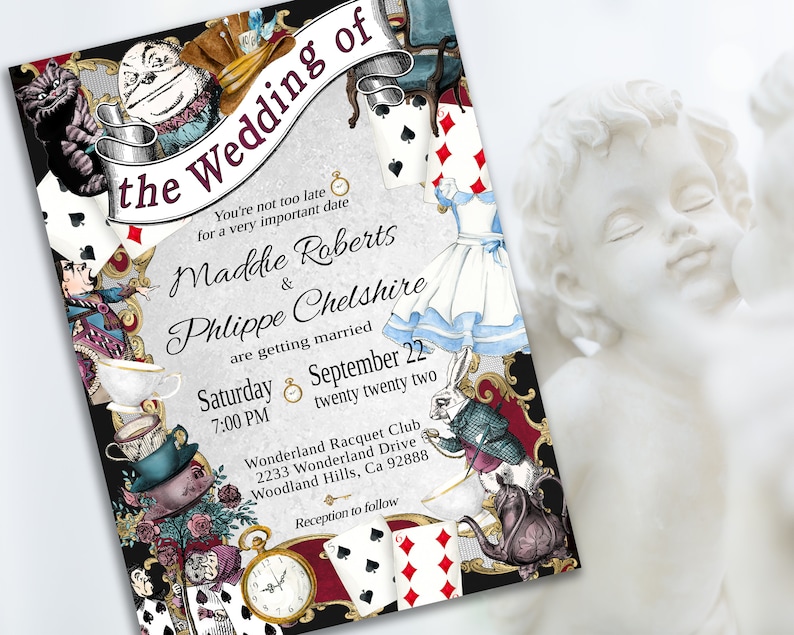 Editable WEDDING INVITATION, Alice in Wonderland Whimsical Themed Invitation, diy edit print, elegant theme font instant download 47W-wi image 1