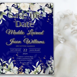 Annonce de mariage modifiable SAVE THE DATE, bleu royal avec fleurs blanches, verdure délicate, impression diy edit, téléchargement numérique, 28W-std(5)