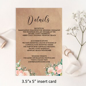 TARJETA DE DETALLES DE BODA editable, tarjeta floral de inserción de boda de 3,5"x5", melocotón rubor, aspecto de papel kraft, descarga digital, impresión de edición diy, 3K-dc