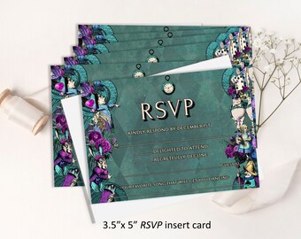 Editable RSVP WEDDING Insert card, Alice in Wonderland Theme Reply card, 5"x3.5" insert card, digital download, diy edit print,  48W-rsvp