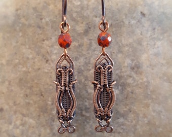 Copper Wire Wrapped Earrings with Czech Glass Beads