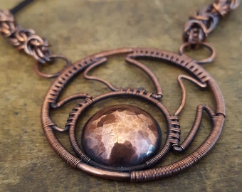 Circular Copper Wire Wrapped Necklace with Byzantine Chain