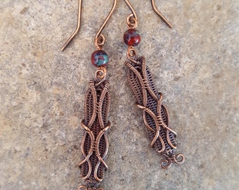 Copper Wire Wrapped Earrings with Czech Glass Beads