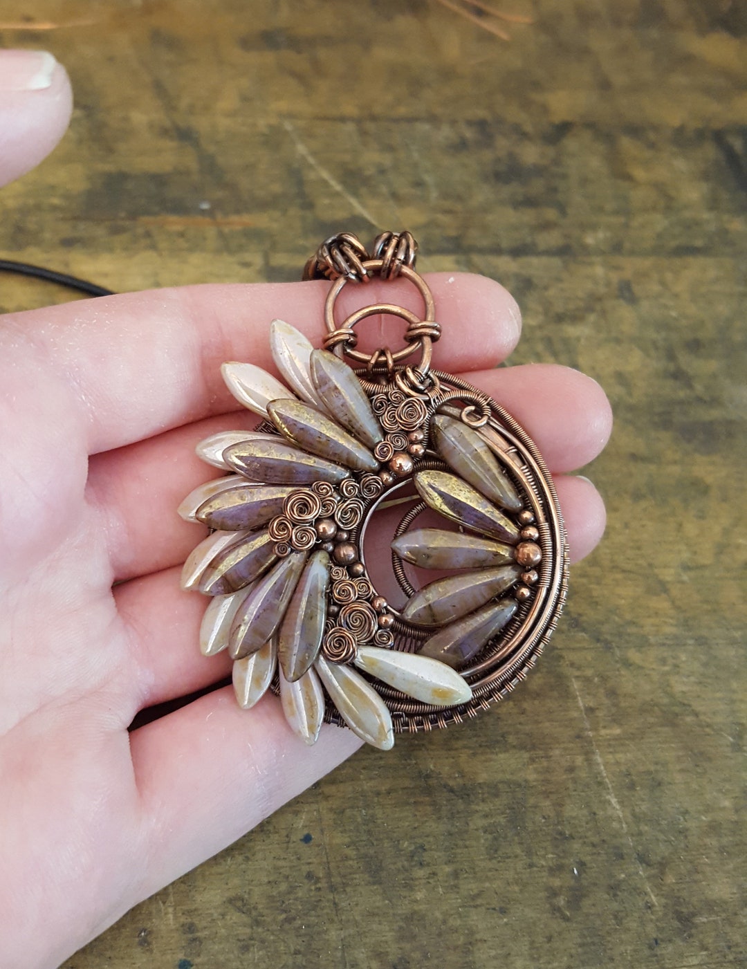 Copper Wire Wrapped Necklace With Roses Czech Glass Beads Etsy