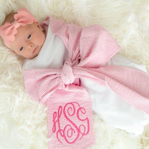 Seersucker Sash Bow  Monogrammed Baby Gift,  Seersucker Swaddle Sash , Personalized Sash For Baby Pictures