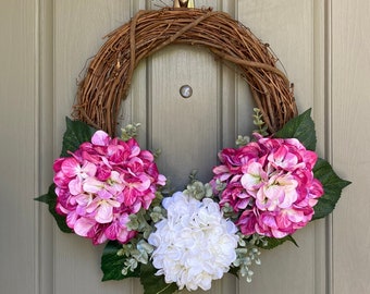 Hydrangea front door wreath, hydrangea wreath, summer wreath, spring wreath, grapevine wreath, silk flower wreath