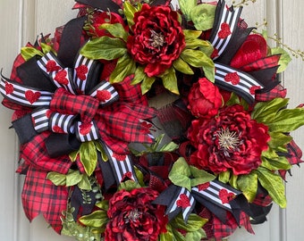 Valentines Day Peony Wreath, Red and black wreath, red flower wreath, peony wreath