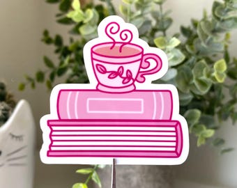 Pink Tea and Books Vinyl Sticker | Book Stack Kindle Sticker