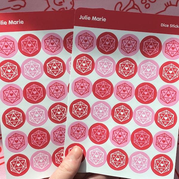 d20 Heart Sticker Sheet - DnD Valentines Day Stickers - Dice Stickers - Dungeons and Dragons Stickers