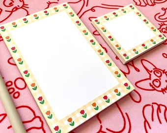 Handmade Yellow Gingham Tulip Notepad | Cute Tulip Memo Pad | 40 Sheets Tear Away Notepad