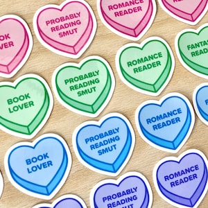 Bookish Candy Hearts Valentines Stickers | Colorful Heart Kindle Stickers | Cute Bookish Stickers For Readers