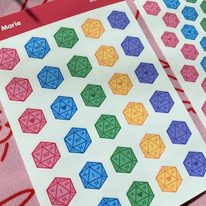 Colorful d20 Matte Sticker Sheet - Dice Sticker Sheet - Dungeons and Dragons Stickers - Dice Stickers