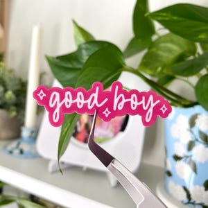 Pode incluir: Adesivo rosa com letras brancas que diz "good boy" com duas formas de diamante branco de cada lado do texto.