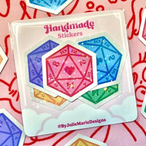 Colorful d20 Sticker Pack | Heart Dice Stickers | Dungeons and Dragons Stickers