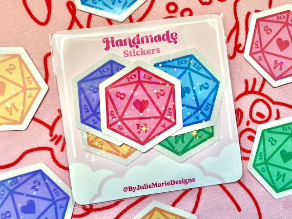 Colorful d20 Sticker Pack, Heart Dice Stickers, Dungeons and Dragons Stickers
