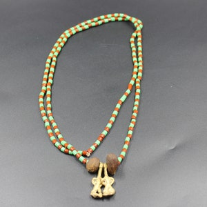 Ide/Ileke Ifa Orunmila Beaded Necklace with Ikin and Edan | Green and Brown Yoruba Beads