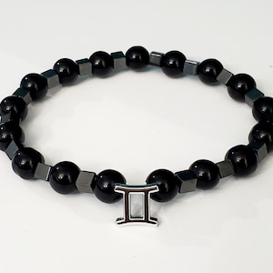 Gemini Sign Astrology Charm Bracelet, Mens Zodiac Sign Stretch Bracelet, Black Glass Beads Bracelet, Horoscope Astrology Gift for Men