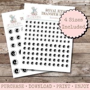 May include: Two sheets of white paper with black rosette designs in various sizes. The text "ROYAL ICING TRANSFER SHEETS" and "4 Sizes Included" are visible. The Chunky Monkey Chickadee logo is also present. The bottom of the image reads "PURCHASE • DOWNLOAD • PRINT • ENJOY".